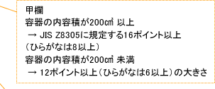 甲欄：容器の内容積が200cm2 以上 → JIS Z8305に規定する16ポイント以上（ひらがなは8以上）容器の内容積が200cm2 未満 → 12ポイント以上（ひらがなは6以上）の大きさ