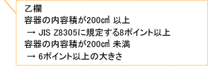 乙欄：容器の内容積が200cm2 以上 → JIS Z8305に規定する8ポイント以上容器の内容積が200cm2 未満 → 6ポイント以上の大きさ